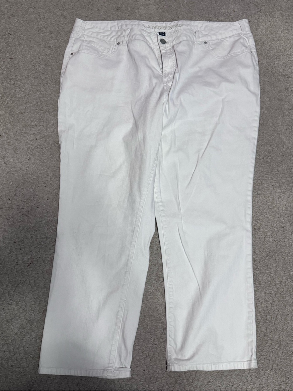 Lands’ End white denim jeans fit 2 22W plus mid rise straight leg 5 pocket